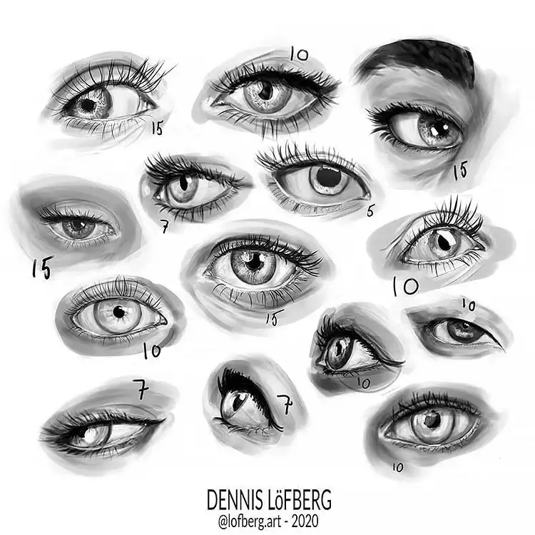 Collection of fourteen diverse eye sketch ideas, including abstract and cartoon styles for Learn How to Draw Eyes.