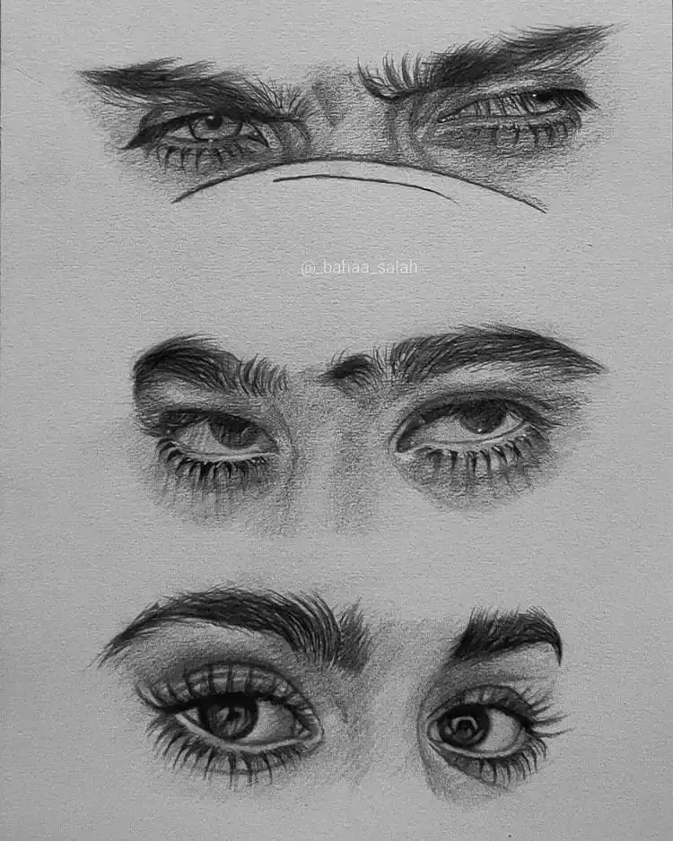 Diverse eye expressions including a winking eye, great for practicing emotive drawing and eyebrows.