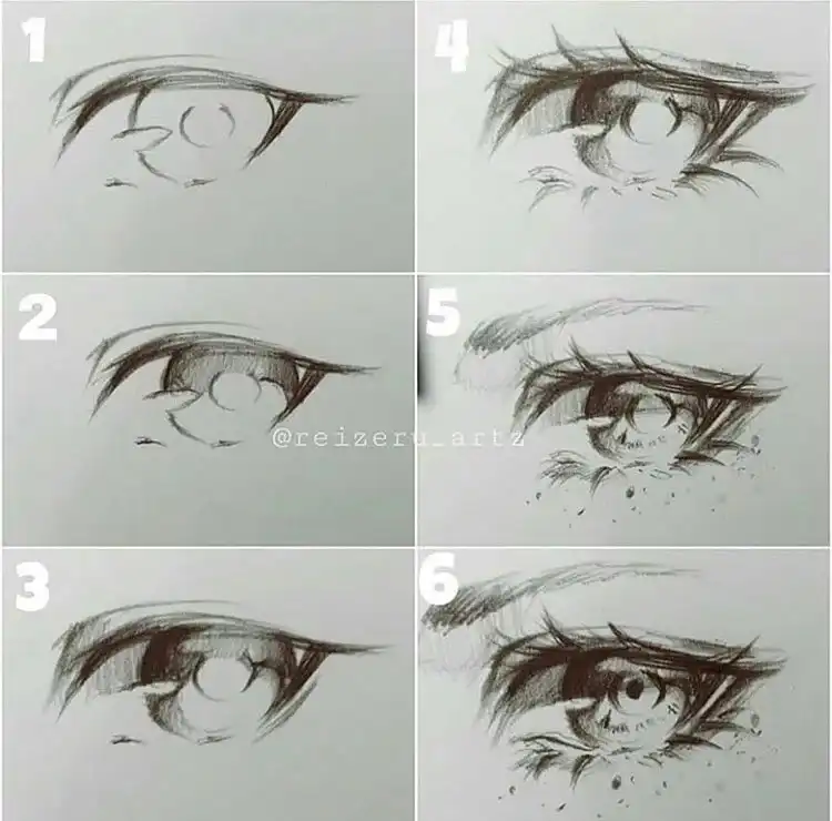 Tutorial on drawing emotional eyes, depicting various feelings like sadness and joy in a detailed sketch.