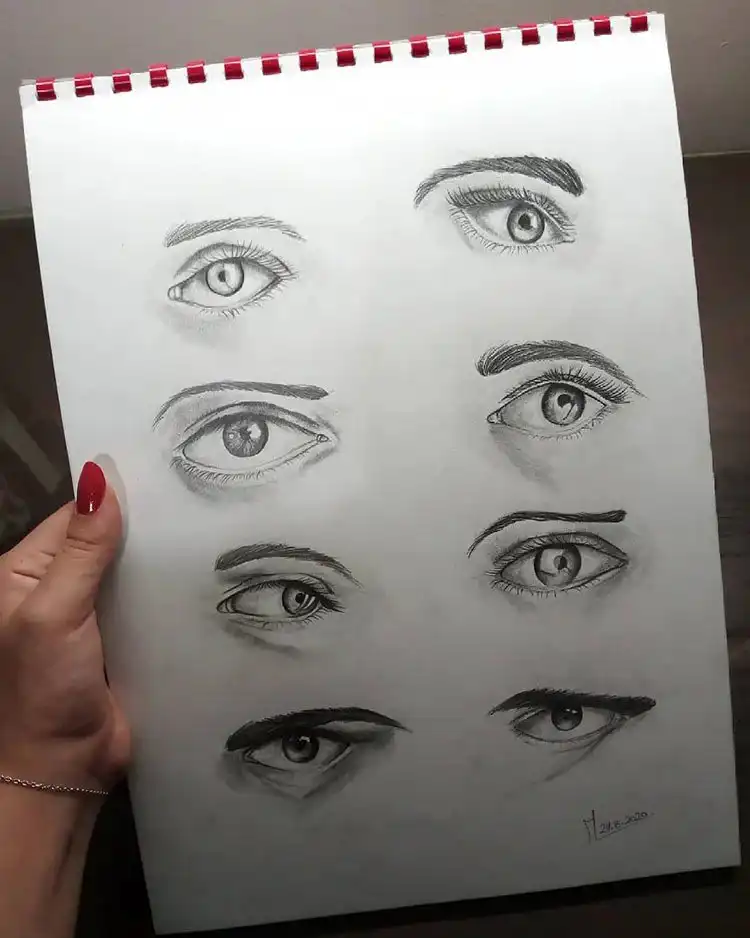Page featuring multiple eye sketches, demonstrating different shapes and placements for Learn How to Draw Eyes.