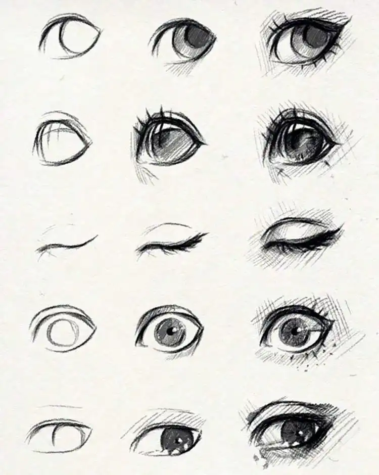 Drawing reference for eyes closed and open, highlighting eyelashes and reflections.