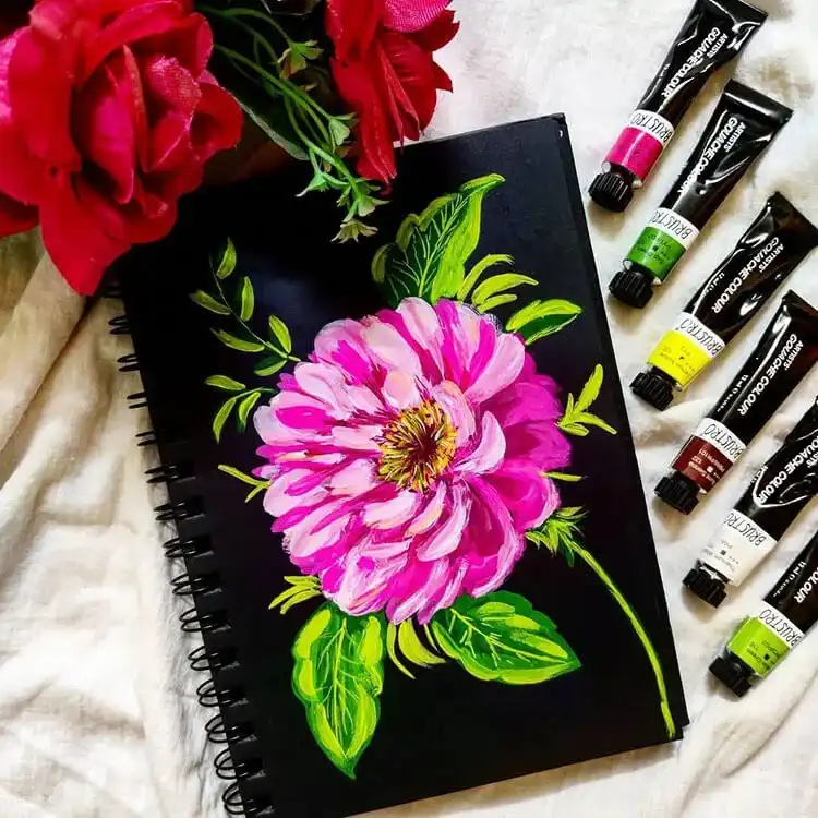 A finished gouache flower painting on paper, showcasing the rich colors and matte texture, an inspiring example for those who learn how to paint a gouache flower.