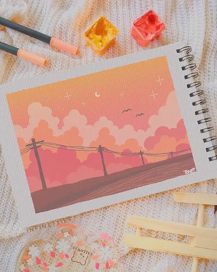 A serene gouache sky painting with clouds, illustrating the blendable nature of the paint for atmospheric effects, relevant for learning how to paint a gouache flower backgrounds.