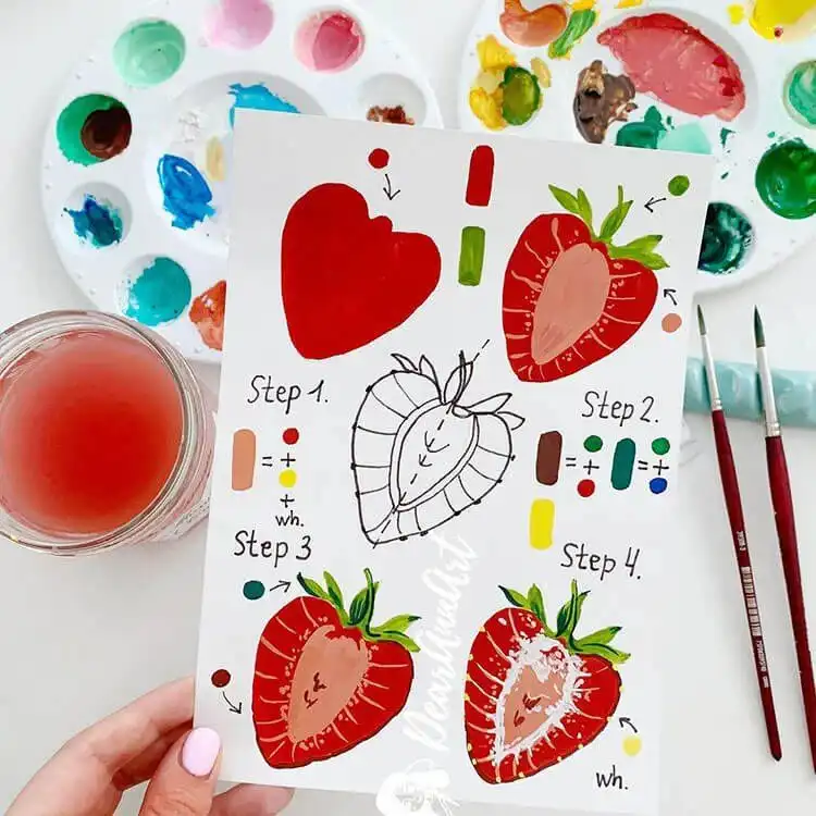 Step-by-step gouache strawberry tutorial, showing how to build up color and detail, a great guide for practicing opaque layering, like learning how to paint a gouache flower.