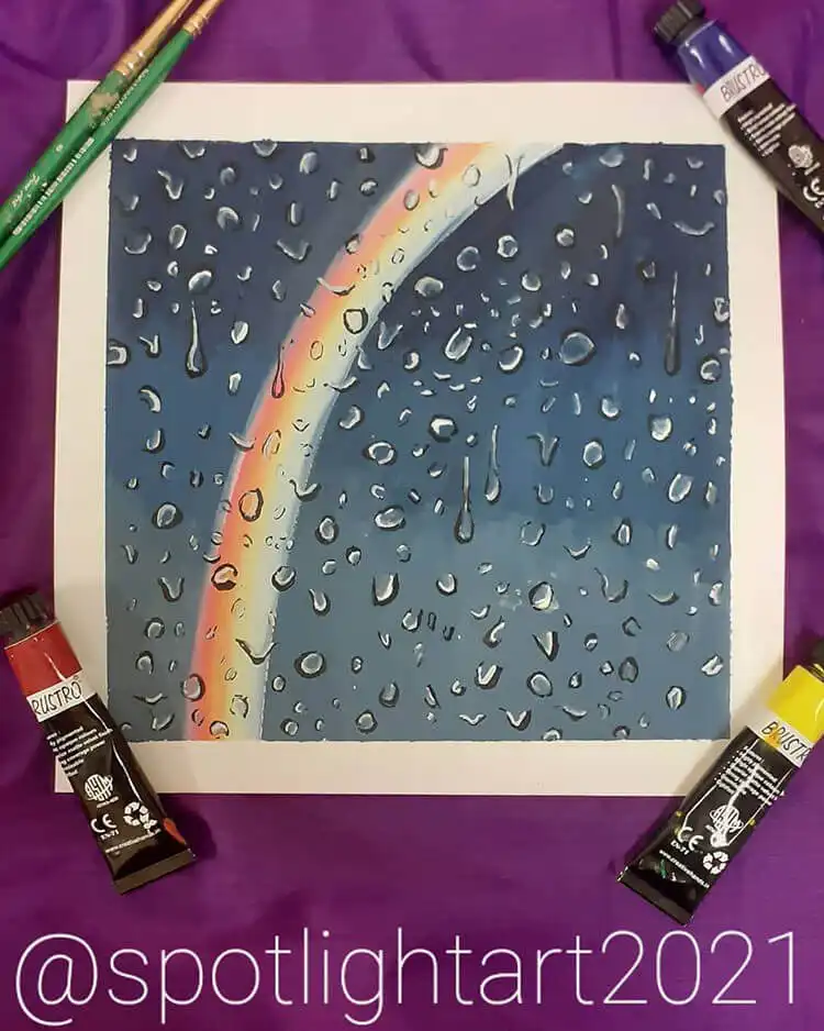 A whimsical rainbow and raindrops illustration in gouache, highlighting the vibrant colors and clean edges achievable, inspiring for learning how to paint a gouache flower and other elements.