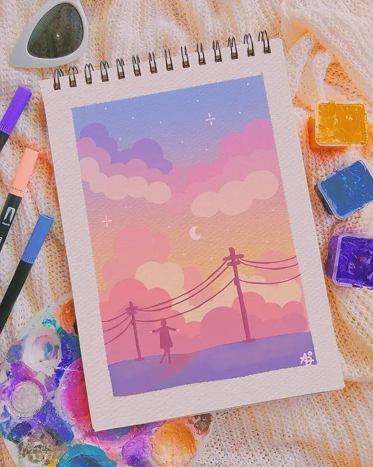 A pastel night sky scene in gouache, demonstrating how lighter colors can be layered over darker ones, useful for learning how to paint a gouache flower highlights.