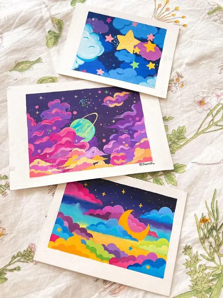 Abstract gouache space paintings with vibrant nebulae and stars, showcasing the rich pigmentation and opaque qualities for imaginative art.