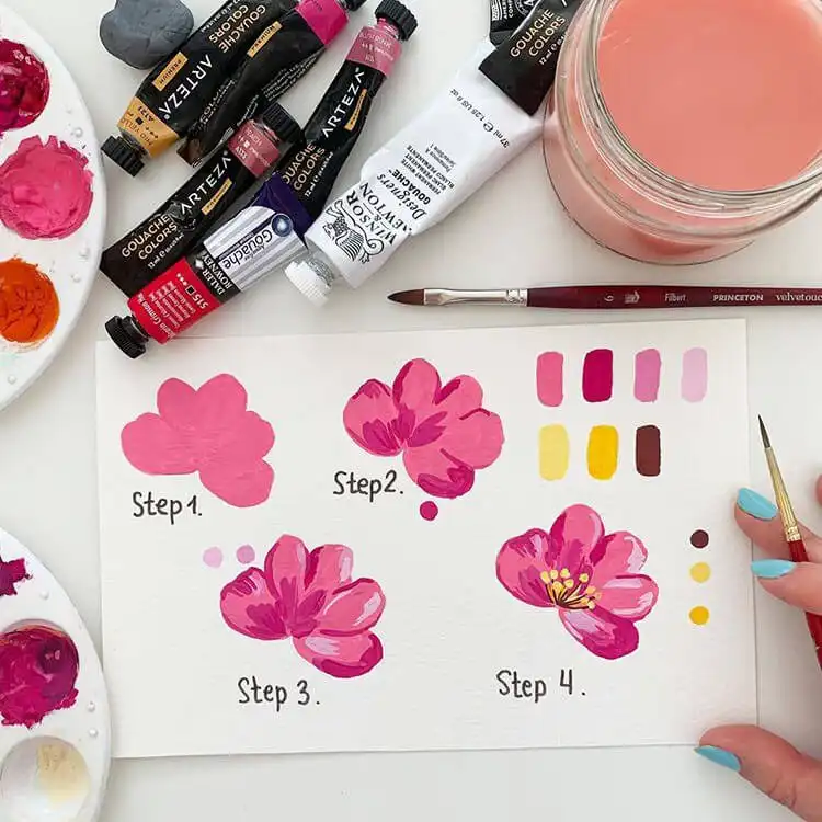 A detailed gouache flower tutorial image, focusing on the techniques for rendering petals and foliage with opaque paints, essential for anyone who wants to learn how to paint a gouache flower.
