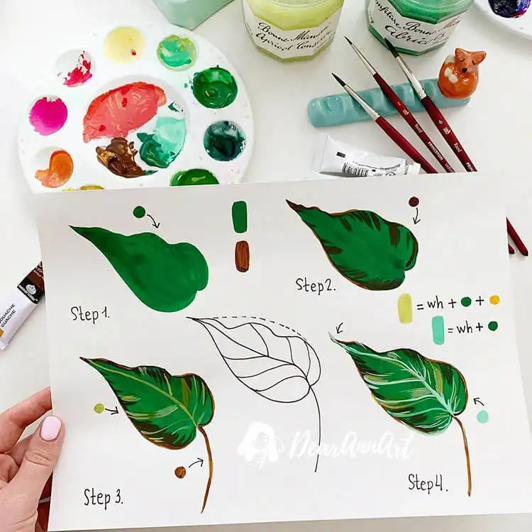 Step-by-step gouache leaf tutorial showing layering, great for understanding opaque painting techniques, like learning how to paint a gouache flower.