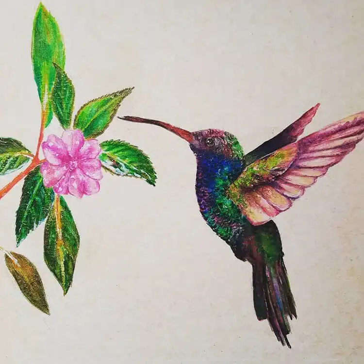 A colorful hummingbird painted with gouache, showcasing the fine detail and vibrant colors achievable with the medium, good for learning how to paint a gouache flower.