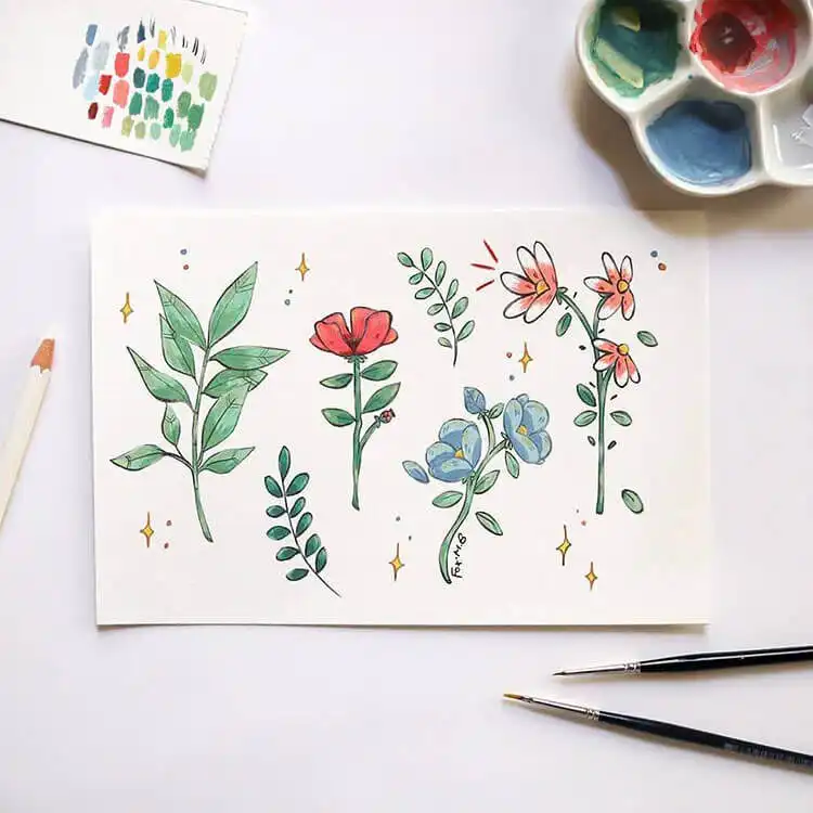 Collection of simple flower doodles and sketches in gouache, inspiring easy practice for those who want to learn how to paint a gouache flower.