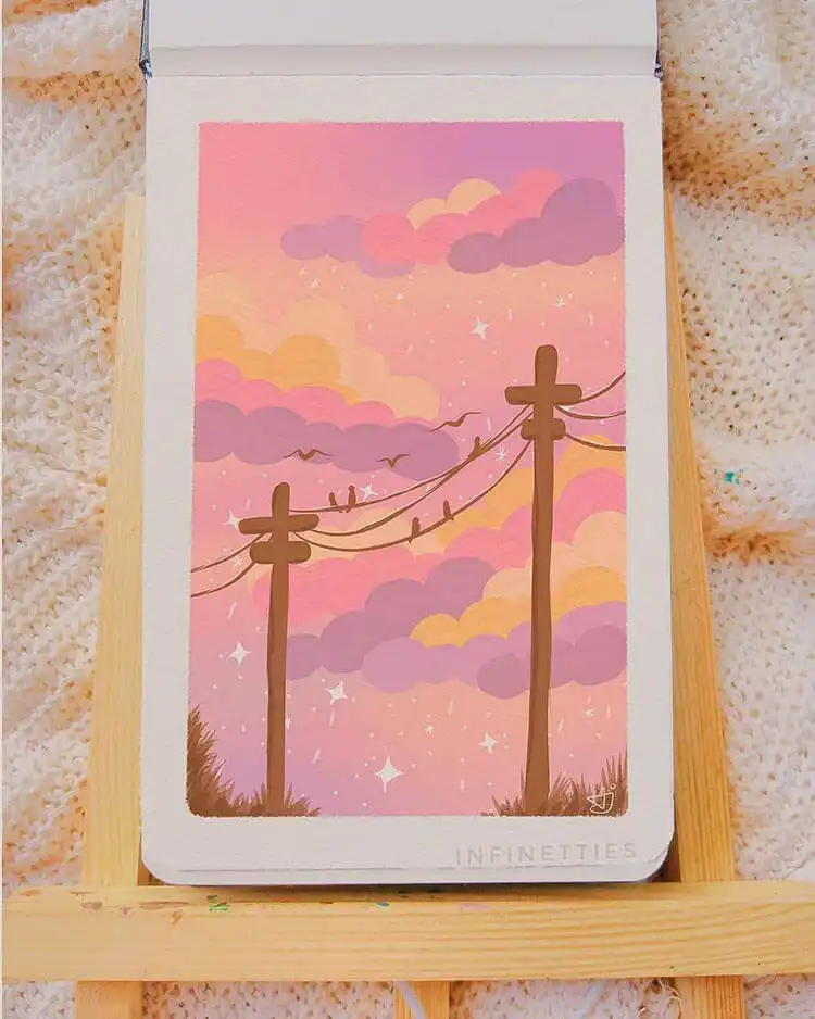 An ethereal sky scene painted in gouache, demonstrating blending and soft transitions, applicable to learning how to paint a gouache flower backgrounds.