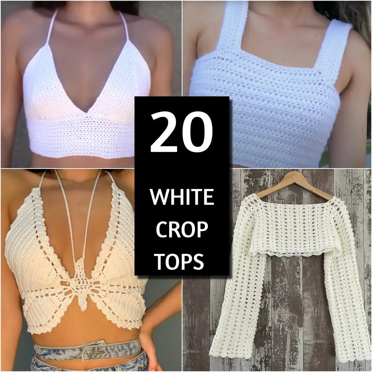 Collage of diverse crochet long sleeve crop tops in white, showcasing various textures and styles for fashion inspiration.