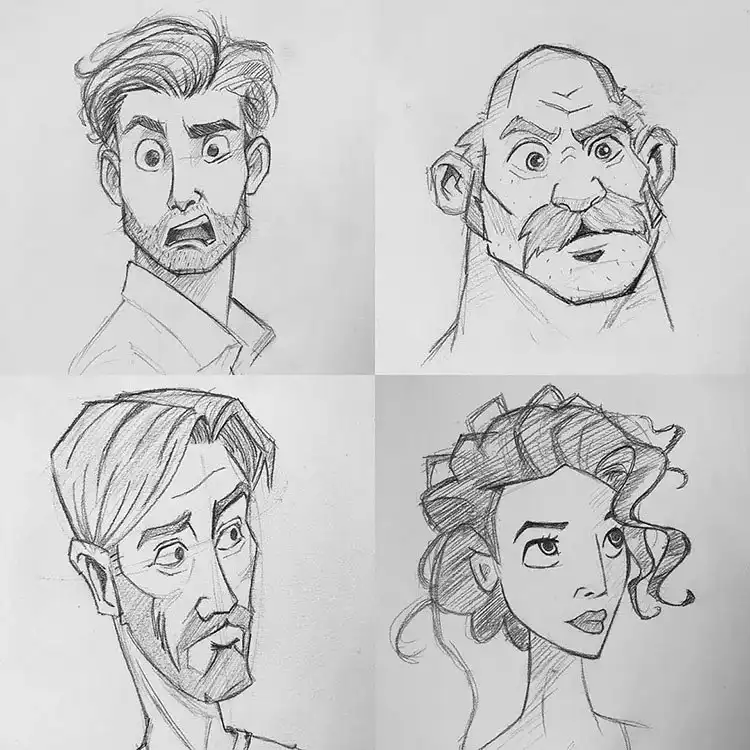 Male Cartoon Facial Expression Sketch and Drawing 2 Comparison sketch of male and female cartoon facial expressions, highlighting subtle differences in conveying emotion for Male Cartoon Facial Expression Sketch and Drawing.