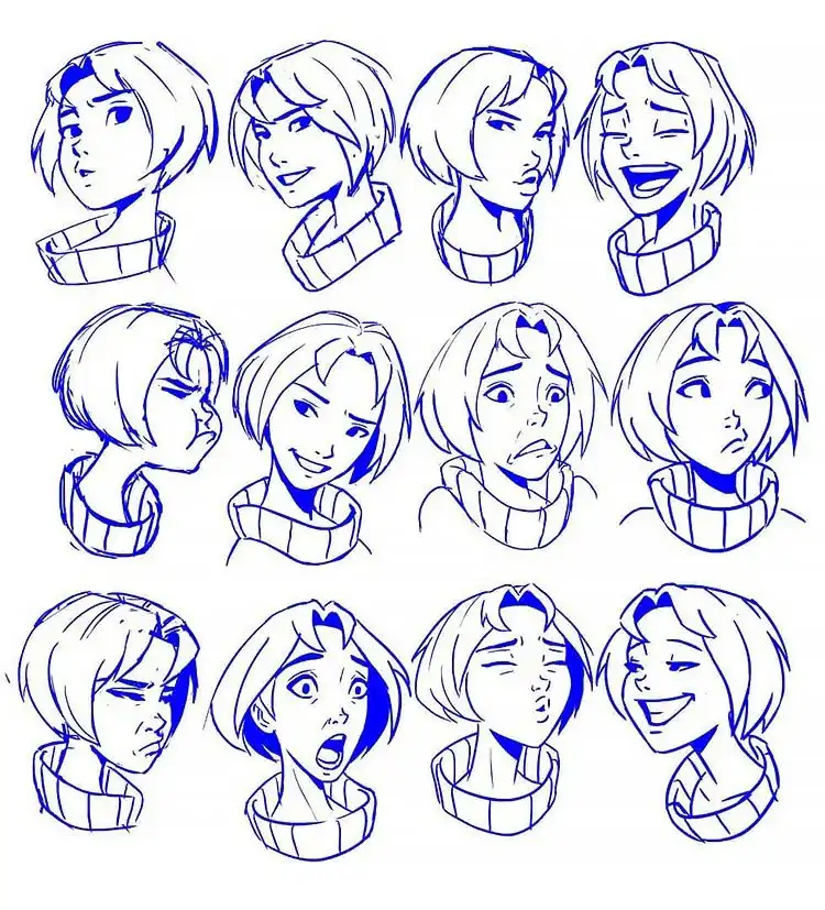 Male Cartoon Facial Expression Sketch and Drawing 11 Twelve different facial expressions of a cartoon girl, from happy to sad and surprised, demonstrating emotional versatility in Male Cartoon Facial Expression Sketch and Drawing.
