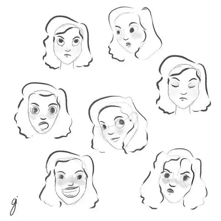 Male Cartoon Facial Expression Sketch and Drawing 12 Simple cartoon girl face drawings with clear, basic expressions, perfect for beginner artists learning facial cues for Male Cartoon Facial Expression Sketch and Drawing.