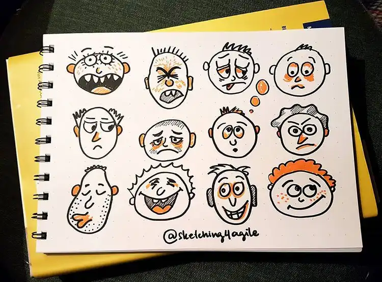 Male Cartoon Facial Expression Sketch and Drawing 15 Cartoon girl with long hair exhibiting six distinct facial expressions, including a smug and surprised look, applicable to Male Cartoon Facial Expression Sketch and Drawing.