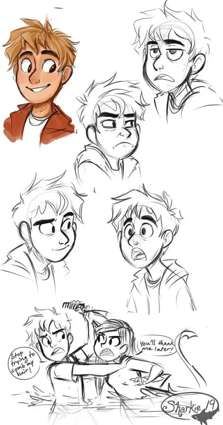 Male Cartoon Facial Expression Sketch and Drawing 17 Victorian-style cartoon girl drawings from different angles, demonstrating consistent expressions with head rotation for Male Cartoon Facial Expression Sketch and Drawing.