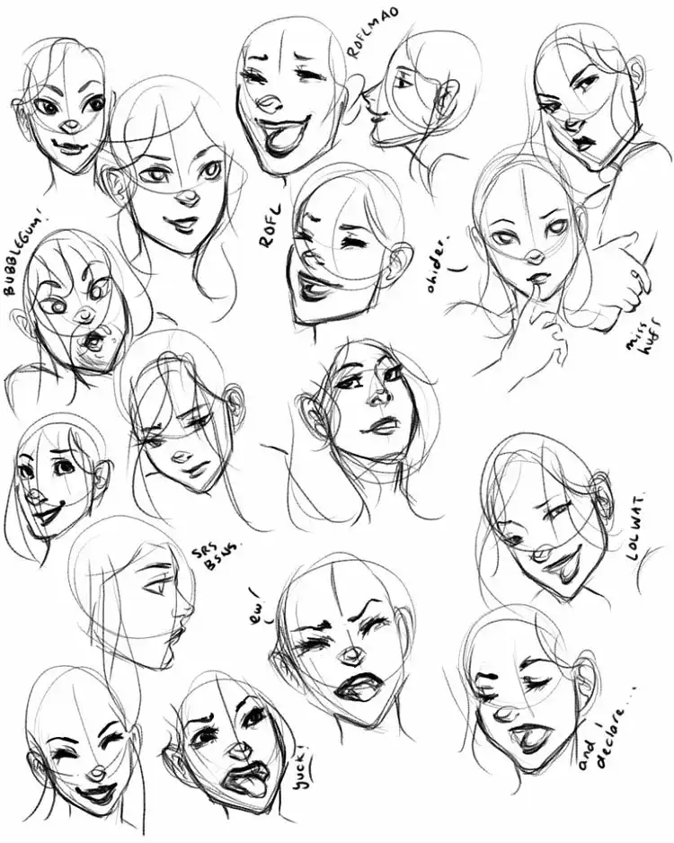 Male Cartoon Facial Expression Sketch and Drawing 5 Panel of quick expressive sketches of a female cartoon character, focusing on capturing diverse moods rapidly, applicable to Male Cartoon Facial Expression Sketch and Drawing.