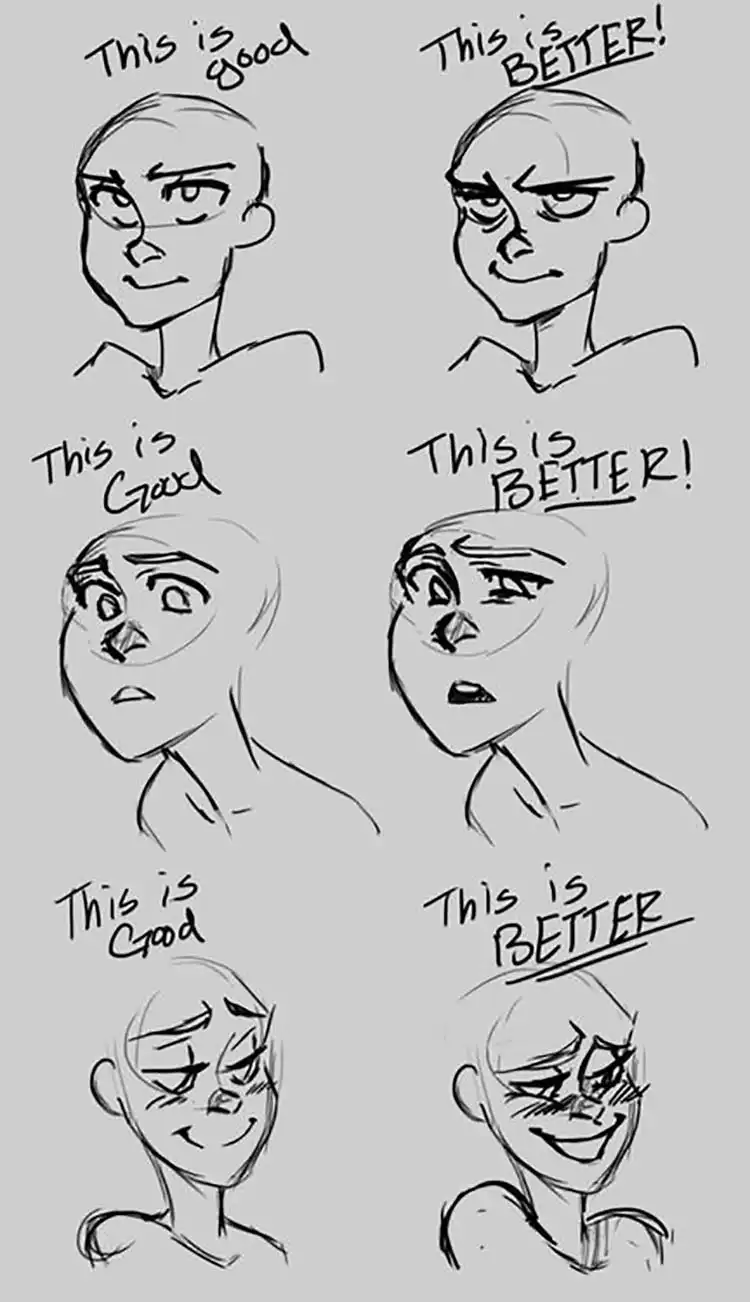 Male Cartoon Facial Expression Sketch and Drawing 6 Before-and-after sketch showing 'good' versus 'better' cartoon facial expressions, emphasizing subtle improvements in Male Cartoon Facial Expression Sketch and Drawing.
