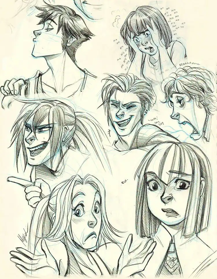 Male Cartoon Facial Expression Sketch and Drawing 7 Page of varied male and female cartoon facial expressions, including worried, disgusted, and surprised looks, essential for Male Cartoon Facial Expression Sketch and Drawing.