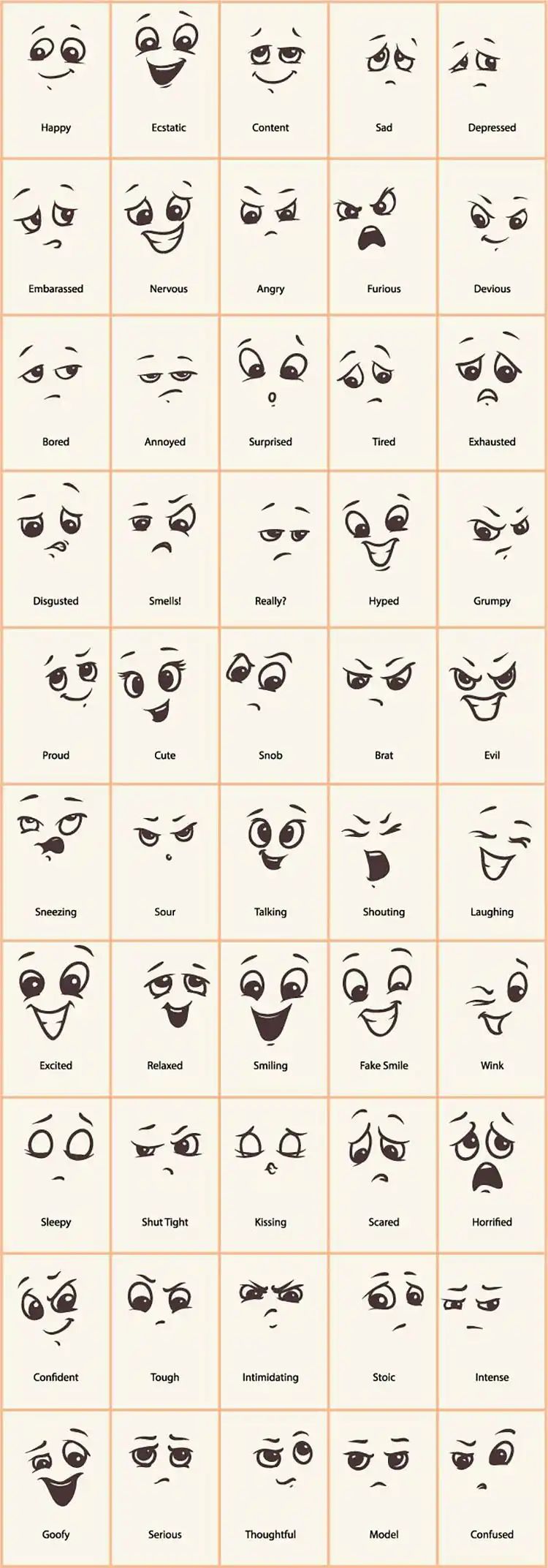 Male Cartoon Facial Expression Sketch and Drawing 9 Grid of fifty simple eye and mouth cartoon expressions, illustrating a wide emotional range with minimal detail for Male Cartoon Facial Expression Sketch and Drawing.