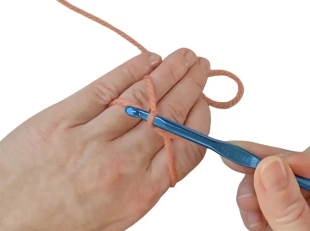 Step 4: Pulling yarn under first strand and turning hook 180 degrees.