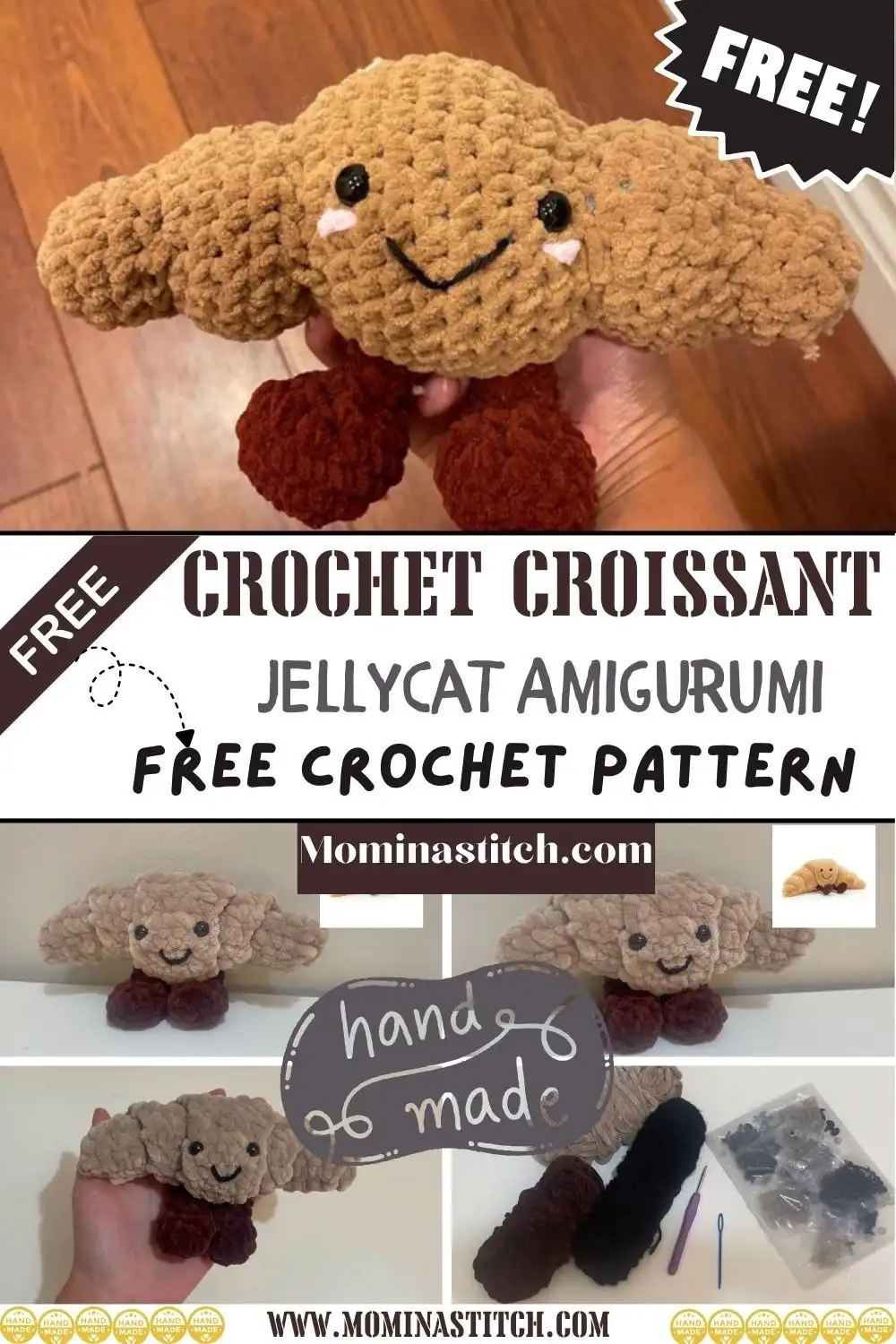 Tiny, perfectly formed crochet mini croissant amigurumi, showcasing its cute design and suitability as a bag charm or desk accessory.
