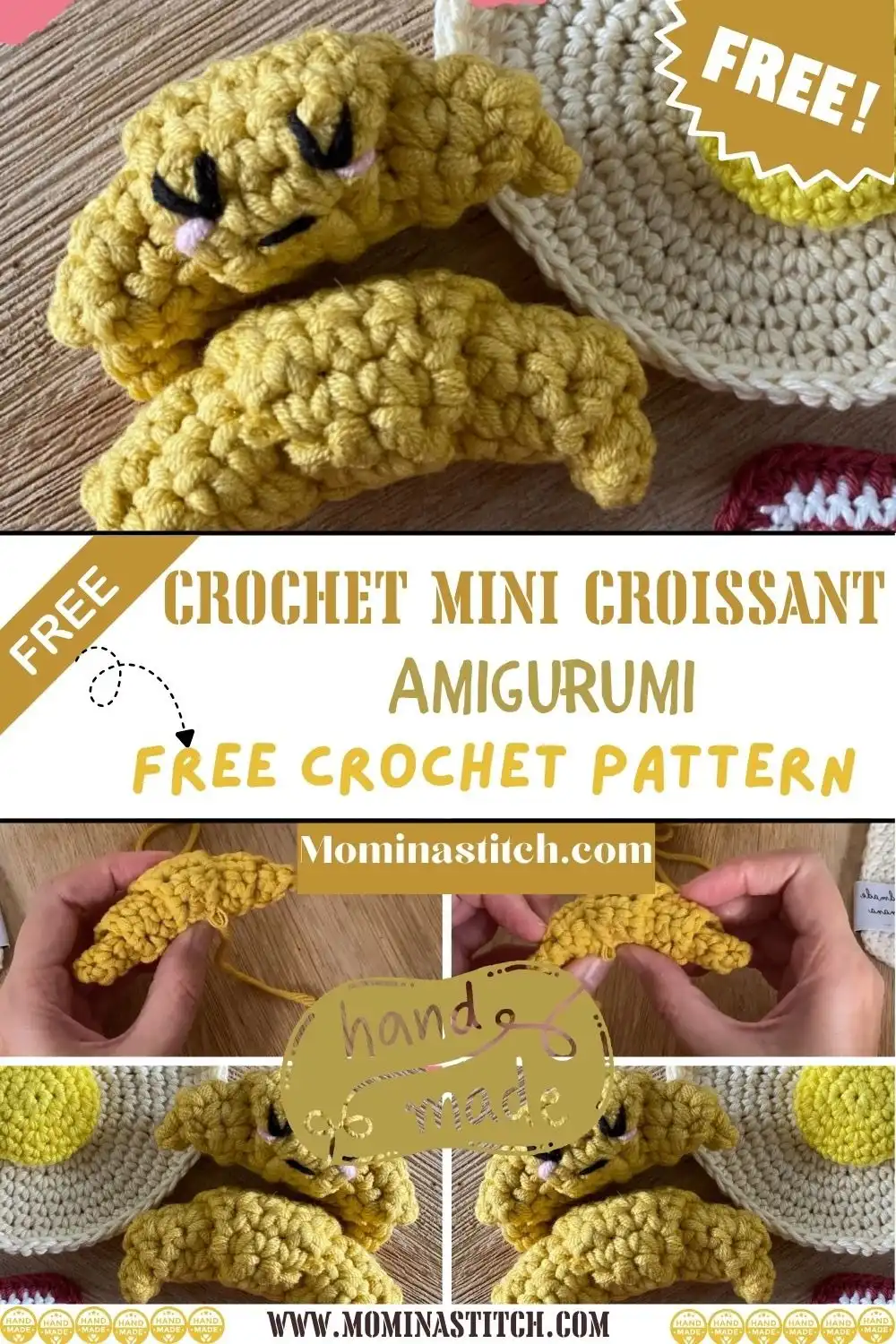 Oversized, fluffy crochet croissant amigurumi with a distinct textured appearance, designed to be a unique decorative piece.