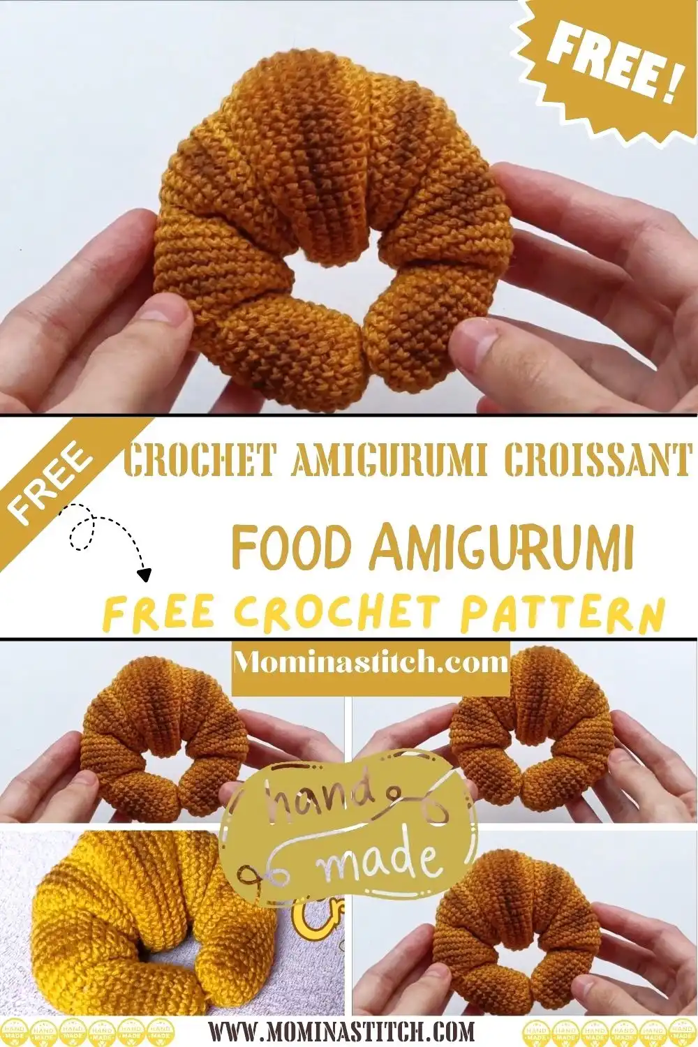 Hand-held crochet croissant amigurumi in the Jellycat style, emphasizing its cuddly feel and meticulous shaping for a charming plush.