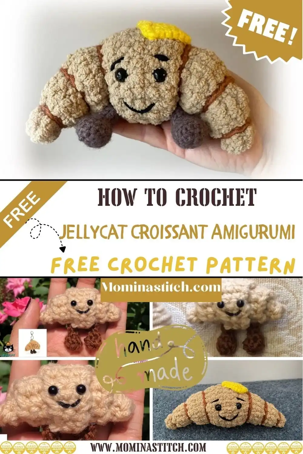 Beginner-friendly crochet Jellycat baguette plushie, showing its elongated shape and light brown color, suitable for a whimsical decorative item.