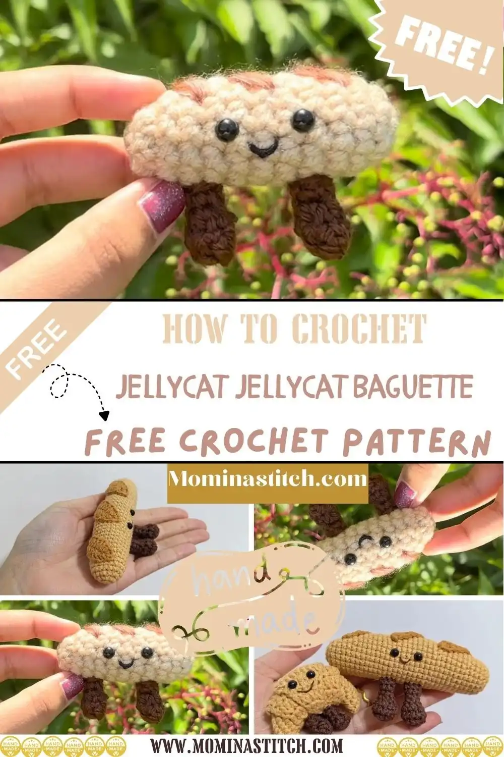 Unique mini baguette croissant crochet project, combining the shapes of both pastries for a novel amigurumi creation, perfect for Melody Crochet Amigurumi Croissant Jellycat Keychain Pattern Free themes.