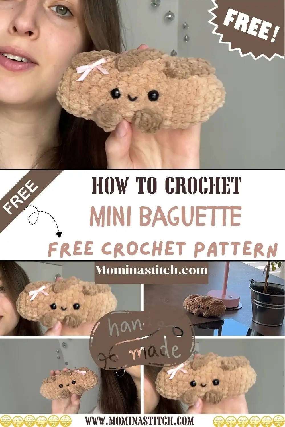 Finished amigurumi croissant keychain attached to keys, demonstrating its portability and cute accessory appeal.