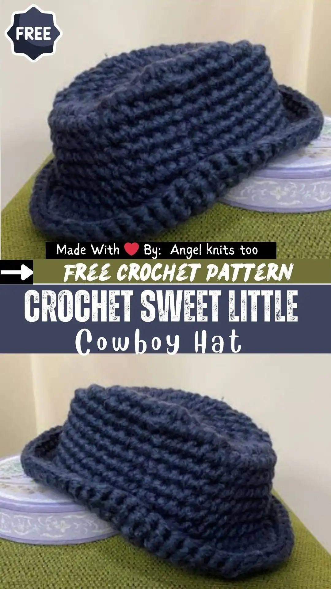 Spectacular simple crochet cowboy hat with a classic brim and dented crown in a solid color.