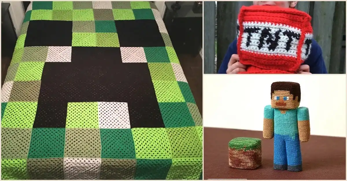 Collection of various Minecraft crochet project ideas including Creeper, Steve, and TNT blocks