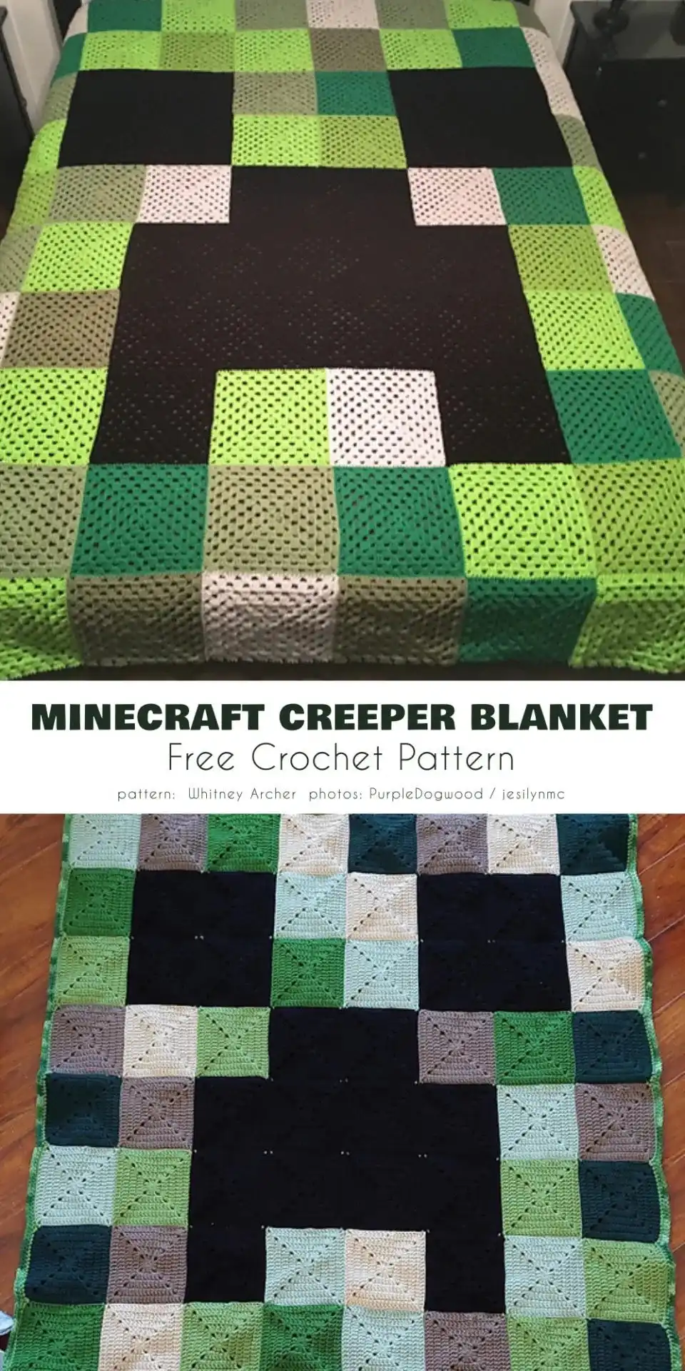 Close-up of a crocheted green and black pixelated Minecraft Creeper blanket pattern