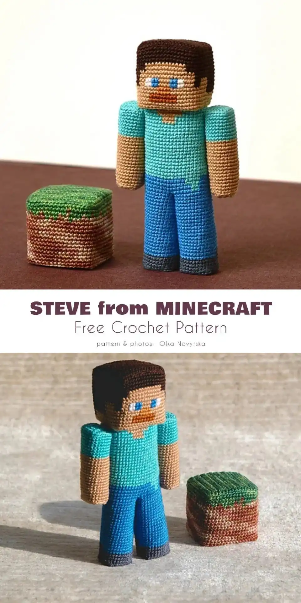 Crocheted amigurumi figure of Steve from Minecraft with blocky features and blue shirt