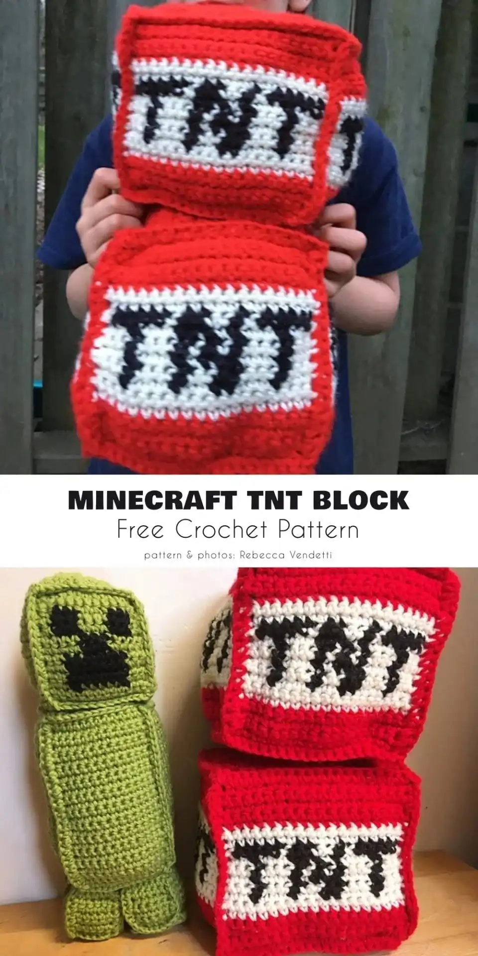 Stack of red, white, and gray crocheted Minecraft TNT block pillows
