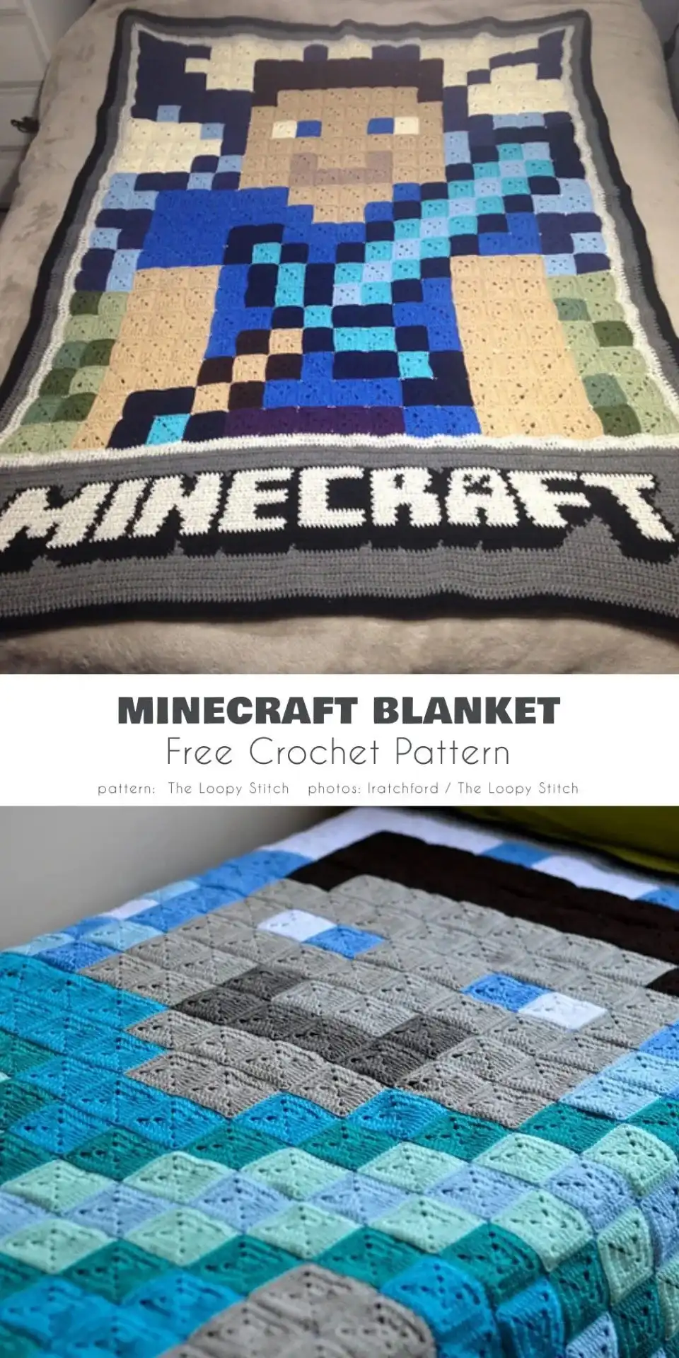 Large crocheted blanket featuring multiple Minecraft block designs like dirt, grass, and stone