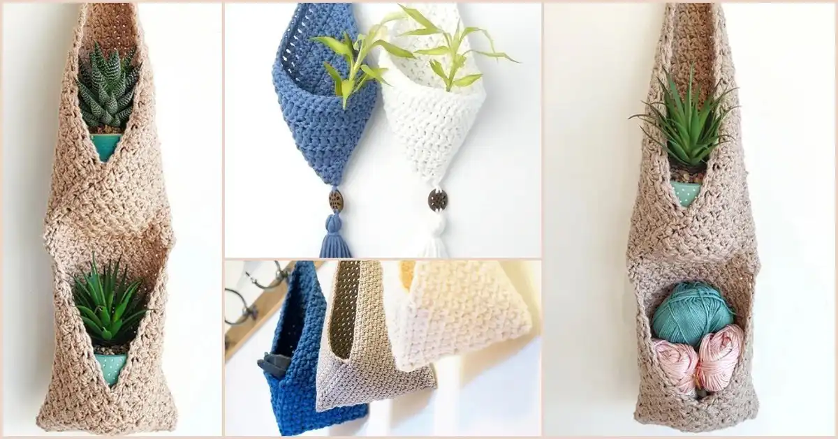 A collection of modern crochet hanging baskets in various styles and neutral colors, perfect for home decor