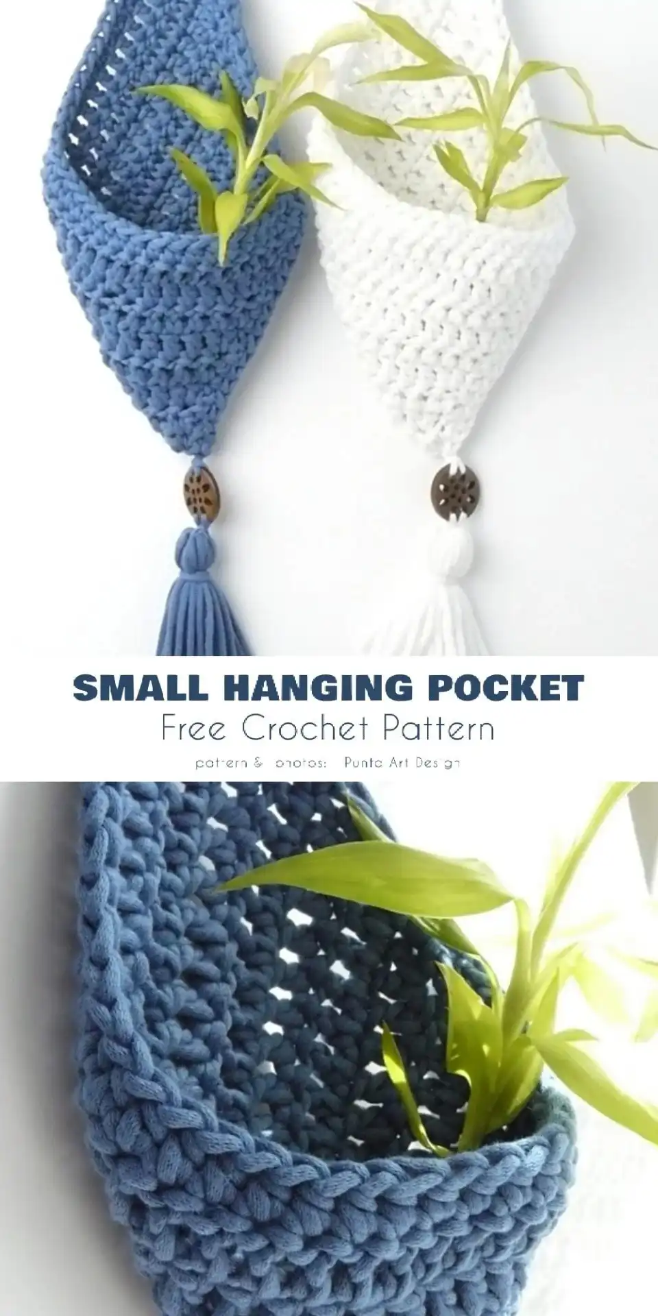 Close-up of a small, minimalist crochet hanging pocket with a green sprig and tassel, in a light-filled room