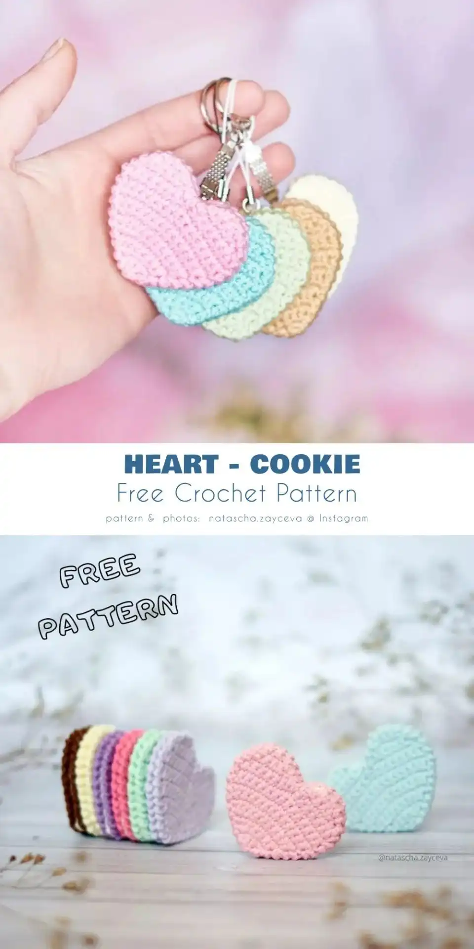 Close-up of a crocheted heart cookie keychain in a pastel pink color, representing a Mother's Day Heart Free Crochet Pattern.