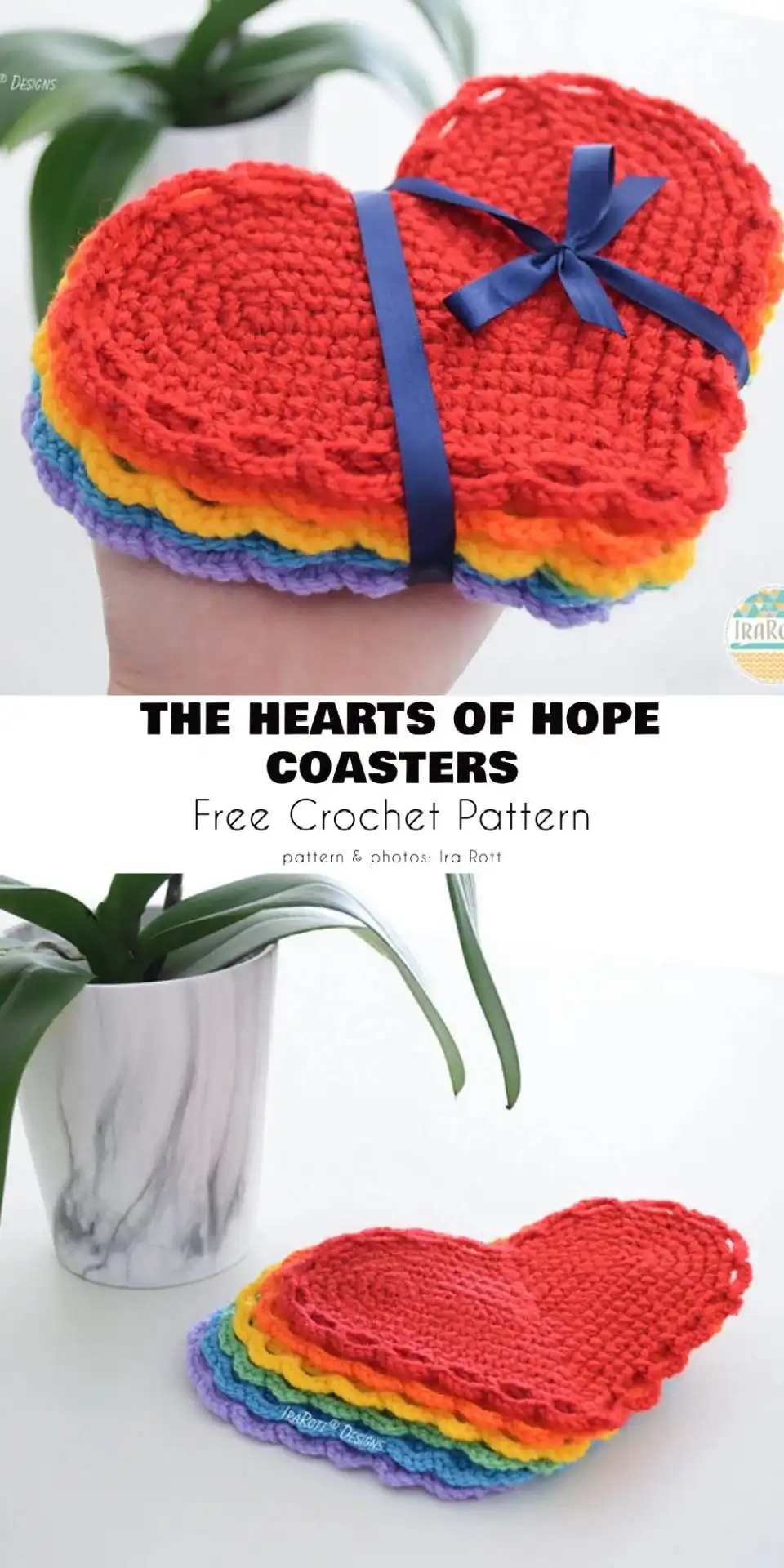 Set of colorful crocheted heart coasters arranged on a table, highlighting the Hearts of Hope Coasters Mother's Day Heart Free Crochet Patterns.