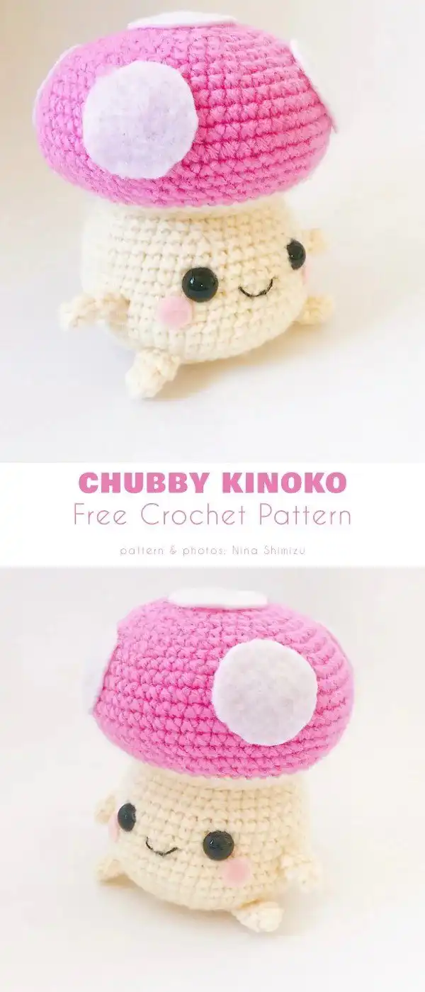 A realistic amigurumi toadstool with a speckled red cap and detailed stem, surrounded by crocheted grass, from the free patterns.