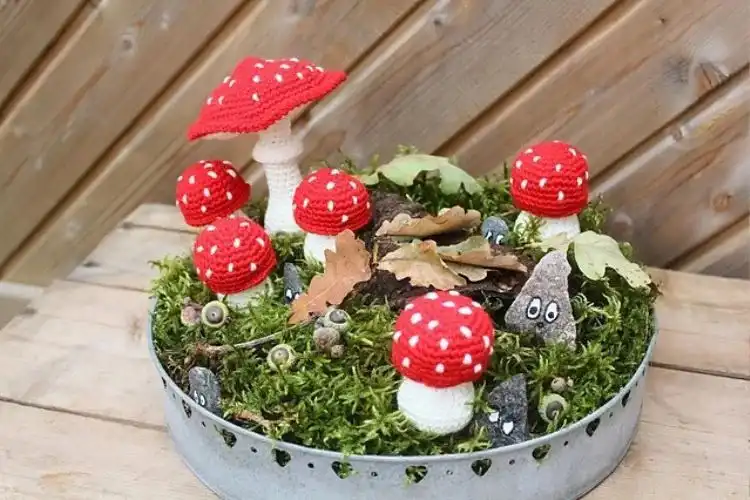 A delightful collection of varied amigurumi mushrooms in different shapes and colors, showcasing a mix-and-match approach to mushroom crochet.