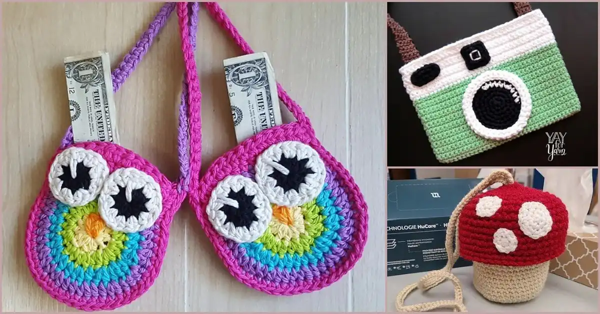 Charming Mushroom Purse and a collection of fun crochet bags displayed, ideal for spring and summer accessories.