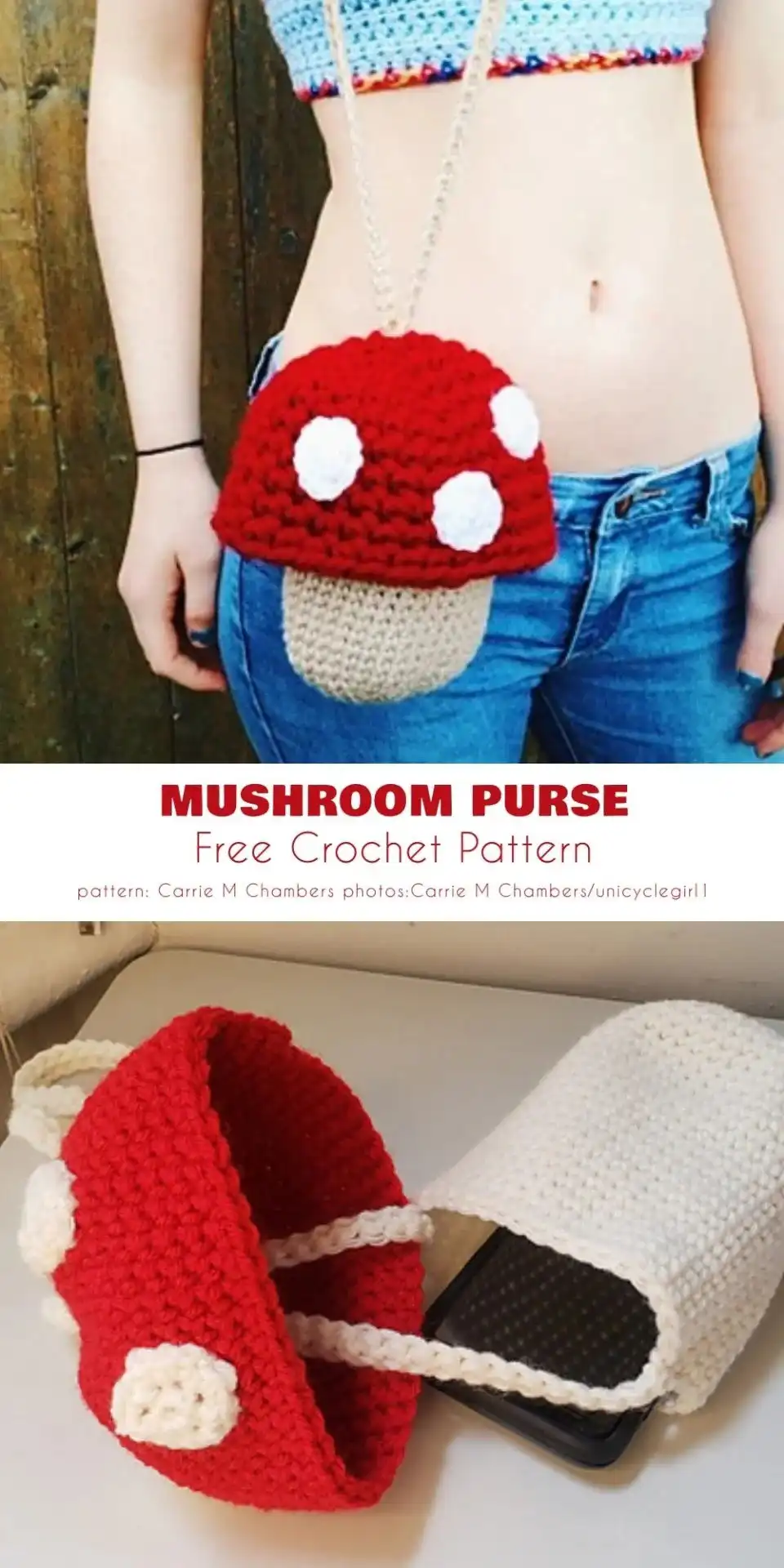 Detailed view of a crocheted mushroom purse with a vibrant red cap, white spots, and a sturdy brown stem.