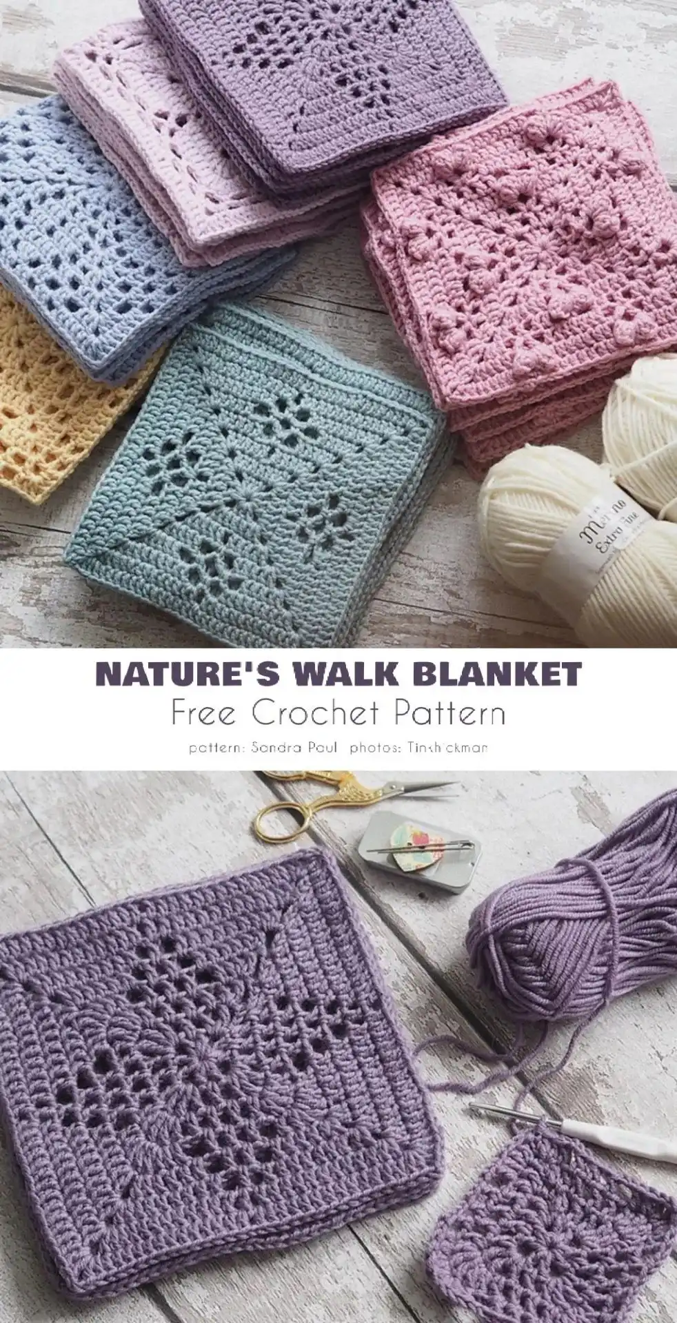 Crocheted summer landscape square featuring lush green leaves and bright flowers