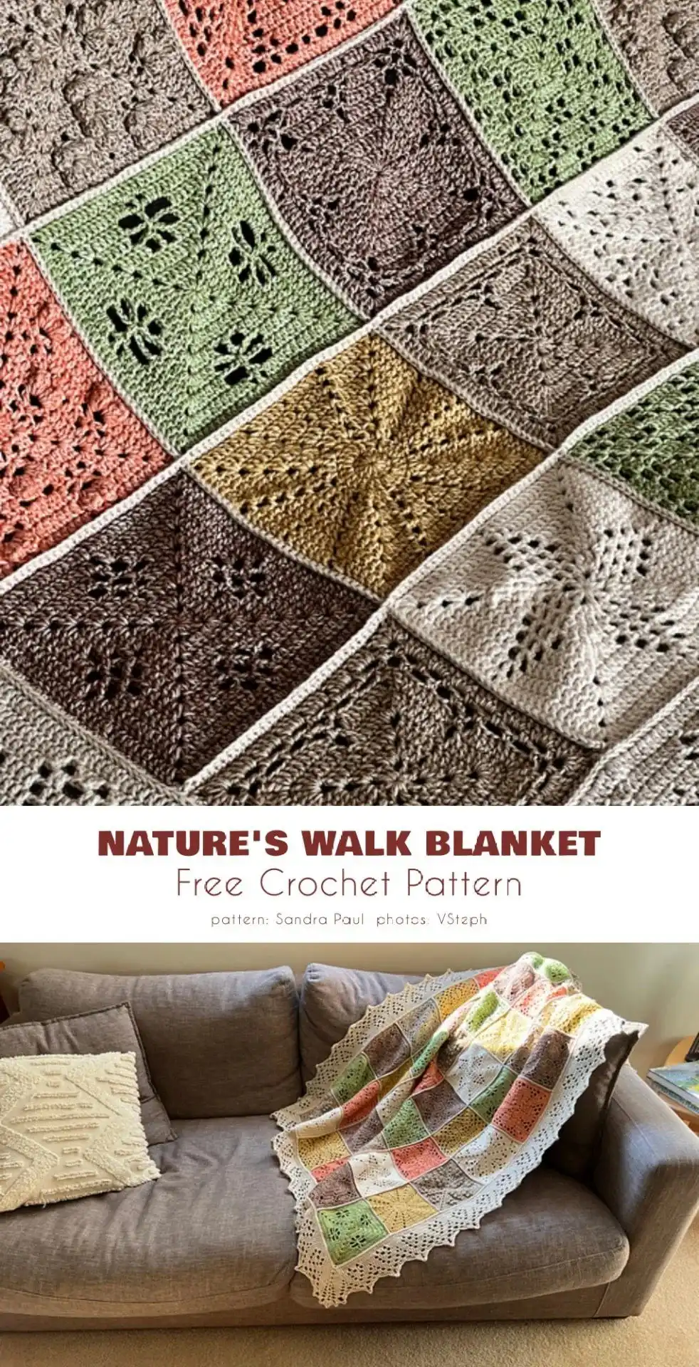 Autumnal crochet square design with rich orange, red, and brown leaf patterns