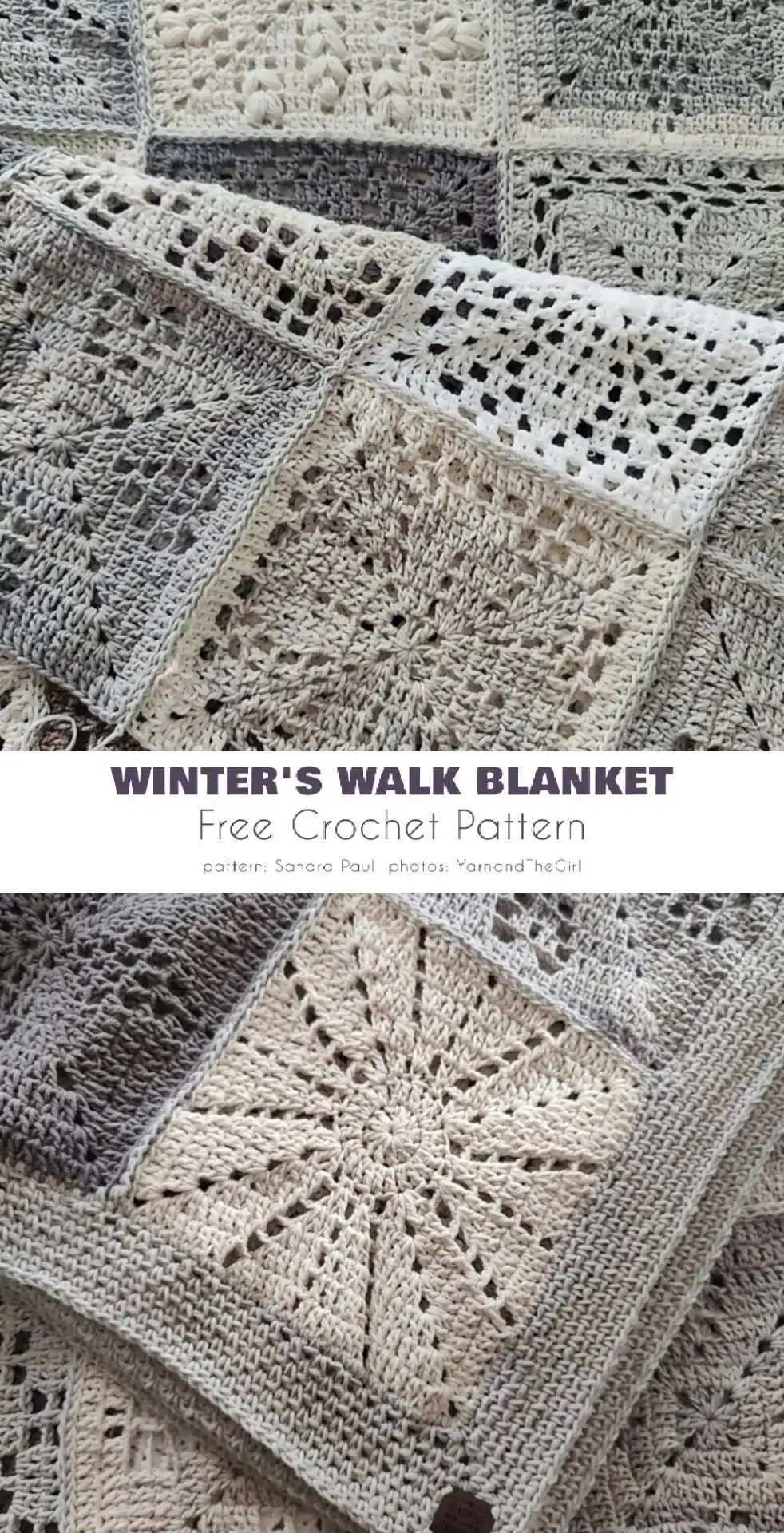 Serene winter crochet square depicting snowflakes and frosty branches in cool tones